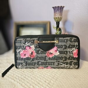 Juicy Couture Black and Pink Floral Zip Wallet